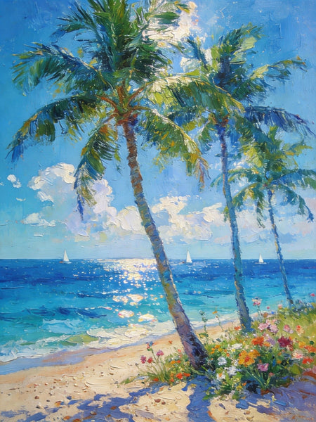 Canvas Paintings for Bedroom, Sunlit Shoreline, Palm Tree Seashore Paintings, Heavy Texture Artwork, Original Landscape Paintings, Small Oil Paintings, Hand Painted Canvas Wall Art-Silvia Home Craft