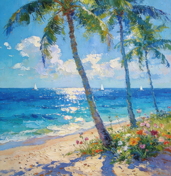 Canvas Paintings for Bedroom, Sunlit Shoreline, Palm Tree Seashore Paintings, Heavy Texture Artwork, Original Landscape Paintings, Small Oil Paintings, Hand Painted Canvas Wall Art-Silvia Home Craft