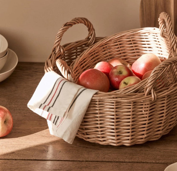 Picnic Fruit Basket with Handle, Kitchen Storage Baskets, Natural Hand-woven Wicker Round Storage Basket, Lovely Willow Weaving Baskets for Vegetable, Natural Fruit Storage Basket-Silvia Home Craft
