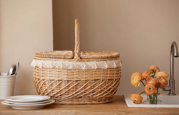 Extra Large Kitchen Storage Baskets, Picnic Storage Basket with Handle, Natural Hand-woven Wicker Storage Basket, Lovely Willow Weaving Baskets for Vegetable, Natural Fruit Storage Baskets-Silvia Home Craft