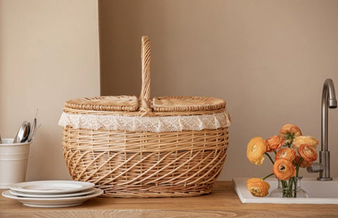 Extra Large Kitchen Storage Baskets, Picnic Storage Basket with Handle, Natural Hand-woven Wicker Storage Basket, Lovely Willow Weaving Baskets for Vegetable, Natural Fruit Storage Baskets-Silvia Home Craft