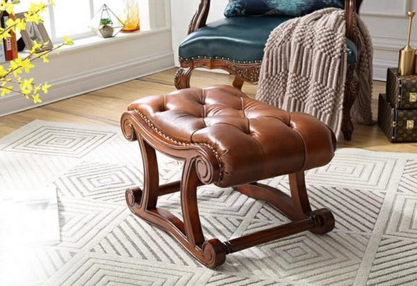 Vintage Leather Stool, Genuine Leather Solid Wood Entry Bench, Cherry Wood Footstool, Long Bench, Vanity Stool, Dressing Table Stool-Silvia Home Craft