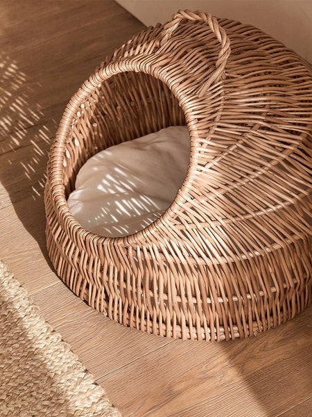 Indoor Cat Bed, Natural Wicker Cat House Basket with Washable Cushion for Indoor Cats and Dogs-Silvia Home Craft