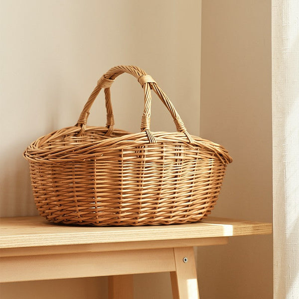 Large Kitchen Storage Baskets, Picnic Storage Basket with Handle, Hand-woven Wicker Storage Basket, Willow Weaving Baskets for Vegetable, Natural Fruit Basket-Silvia Home Craft
