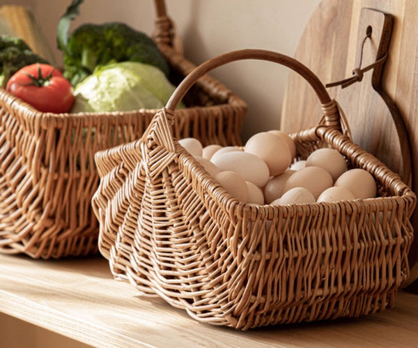 Large Picnic Food Basket with Handle, Natural Hand-woven Wicker Storage Basket, Lovely Willow Weaving Baskets for Vegetable, Natural Fruit Basket, Kitchen Storage Baskets-Silvia Home Craft