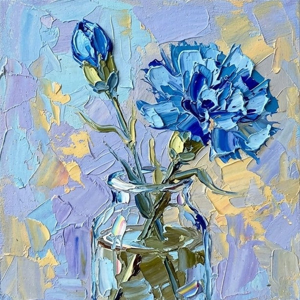 Hand Painted Canvas Art, Blue Carnations in Glass Vase, Small Canvas Artwork, Still Life Painting, Original Acrylic Flower Paintings, Impasto Artwork