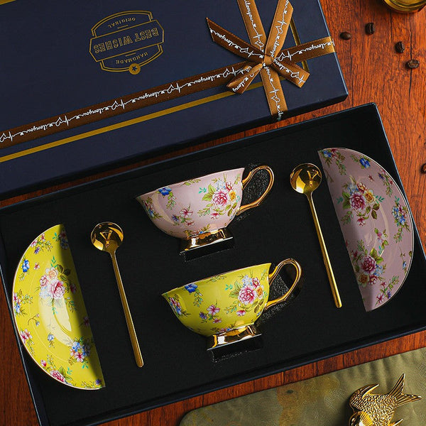 Flower Tea Cup and Saucer Set of 2 Cups in Gift Box, Porcelain Tea Cup Saucer Set, Floral Ceramic Coffee Cup with Saucer, Beautiful British Tea Cup and Saucer-Silvia Home Craft