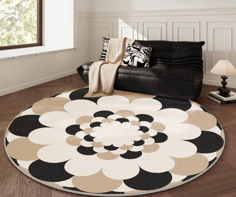 Abstract Contemporary Round Rugs under Chairs, Circular Area Rugs for Bedroom, Modern Rugs for Dining Room, Flower Pattern Modern Rugs for Living Room-Silvia Home Craft