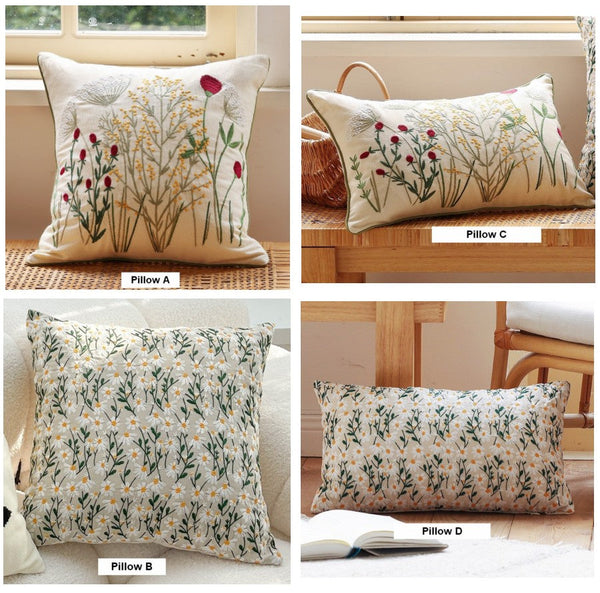 Farmhouse Decorative Pillows for Sofa, Embroider Flower Cotton Pillow Covers, Spring Flower Decorative Pillows for Bedroom, Decorative Pillows for Couch-Silvia Home Craft