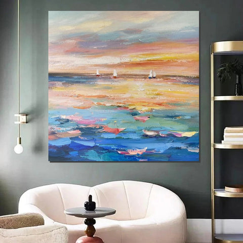 Abstract Landscape Wall Art for Bedroom, Sail Boat at Sea, Contemporary Modern Artwork, Large Modern Canvas Painting, Hand Painted Wall Art Painting-Silvia Home Craft