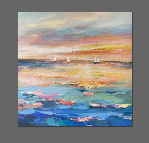 Abstract Landscape Wall Art for Bedroom, Sail Boat at Sea, Contemporary Modern Artwork, Large Modern Canvas Painting, Hand Painted Wall Art Painting-Silvia Home Craft