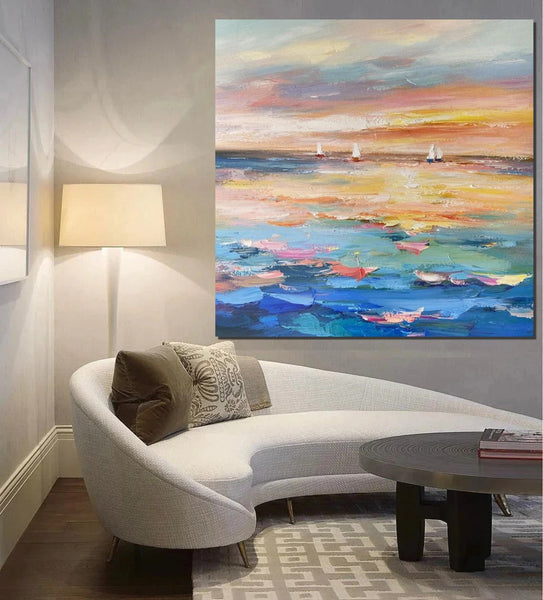 Abstract Landscape Wall Art for Bedroom, Sail Boat at Sea, Contemporary Modern Artwork, Large Modern Canvas Painting, Hand Painted Wall Art Painting-Silvia Home Craft