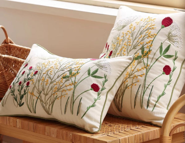 Farmhouse Decorative Pillows for Sofa, Embroider Flower Cotton Pillow Covers, Spring Flower Decorative Pillows for Bedroom, Decorative Pillows for Couch-Silvia Home Craft