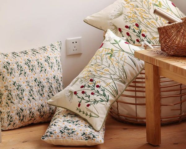 Farmhouse Decorative Pillows for Sofa, Embroider Flower Cotton Pillow Covers, Spring Flower Decorative Pillows for Bedroom, Decorative Pillows for Couch-Silvia Home Craft