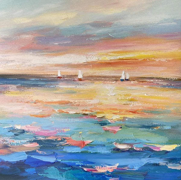 Abstract Landscape Wall Art for Bedroom, Sail Boat at Sea, Contemporary Modern Artwork, Large Modern Canvas Painting, Hand Painted Wall Art Painting-Silvia Home Craft