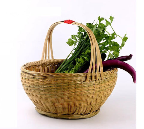 Picnic Food Basket with Handle, Large Natural Hand-woven Bamboo Basket, Natural Fruit Basket Lovely Bamboo Baskets for Vegetable, Kitchen Storage Baskets-Silvia Home Craft