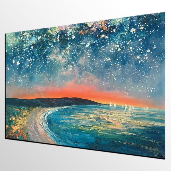Starry Night Sky Seashore Painting, Abstract Art Painting, Canvas Oil Painting, Heavy Texture Art, Bedroom Wall Art, Landscape Painting, Large Art, Original Art