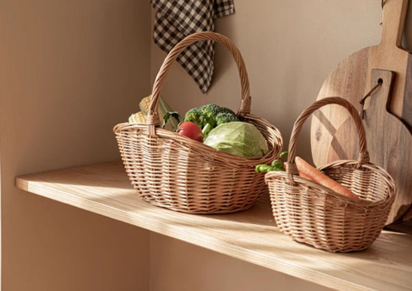 Natural Hand-woven Wicker Storage Basket, Large Picnic Food Basket with Handle, Lovely Willow Weaving Baskets for Vegetable, Natural Fruit Basket, Kitchen Storage Baskets-Silvia Home Craft