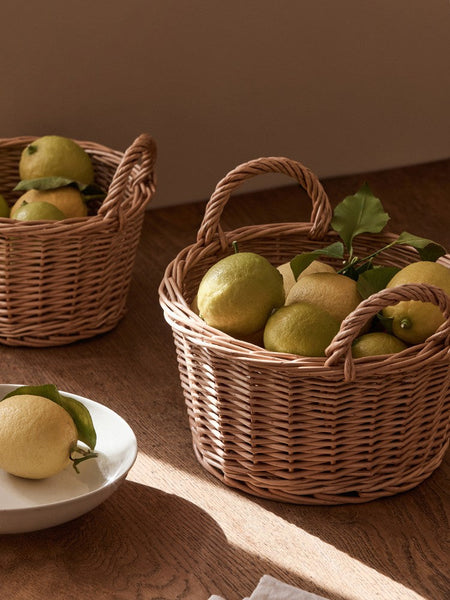 Large Picnic Fruit Basket with Handle, Natural Hand-woven Wicker Round Storage Basket, Lovely Willow Weaving Baskets for Vegetable, Natural Fruit Storage Basket, Kitchen Storage Baskets-Silvia Home Craft