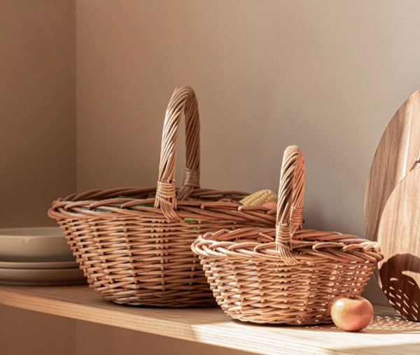 Large Picnic Food Basket with Handle, Lovely Willow Weaving Baskets for Vegetable, Natural Hand-woven Wicker Storage Basket, Natural Fruit Basket, Kitchen Storage Baskets-Silvia Home Craft