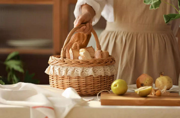 Storage Basket for Shelves, Picnic Storage Basket with Handle, Hand-woven Wicker Storage Basket, Natural Fruit Basket, Willow Weaving Baskets for Kitchen-Silvia Home Craft