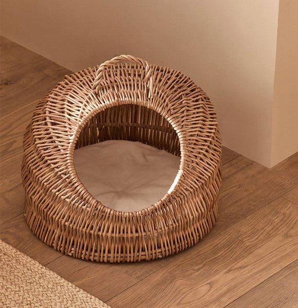 Indoor Cat Bed, Natural Wicker Cat House Basket with Washable Cushion for Indoor Cats and Dogs-Silvia Home Craft