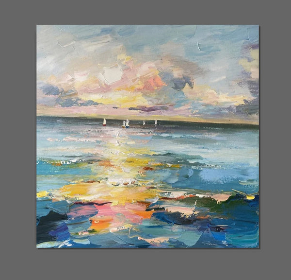 Sail Boat at Sea, Contemporary Modern Artwork, Abstract Landscape Wall Art for Bedroom, Large Modern Canvas Painting, Hand Painted Wall Art Painting-Silvia Home Craft