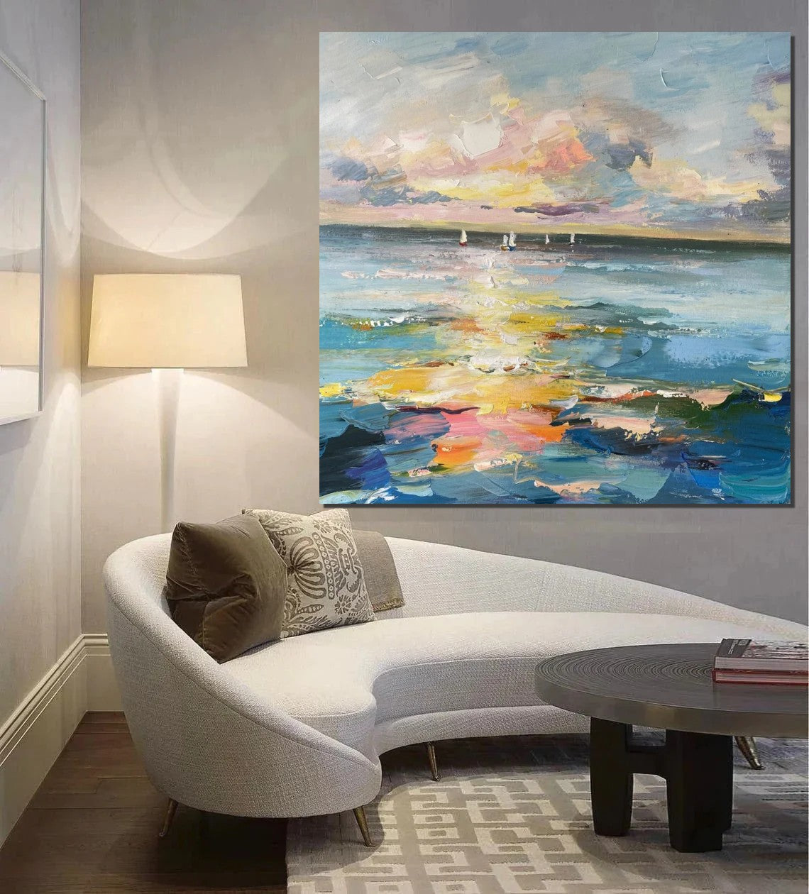 Sail Boat at Sea, Contemporary Modern Artwork, Abstract Landscape Wall Art for Bedroom, Large Modern Canvas Painting, Hand Painted Wall Art Painting-Silvia Home Craft