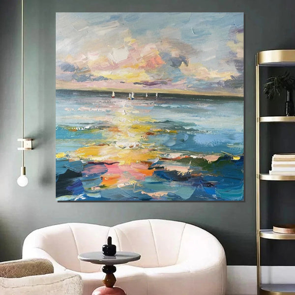 Sail Boat at Sea, Contemporary Modern Artwork, Abstract Landscape Wall Art for Bedroom, Large Modern Canvas Painting, Hand Painted Wall Art Painting-Silvia Home Craft