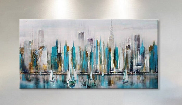 Sail Boat Painting, Cityscape Painting, Abstract Landscape Art, Wall Art Paintings, Simple Modern Paintings for Living Room-Silvia Home Craft