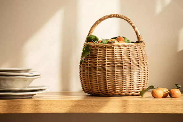 Storage Basket for Kitchen, Picnic Storage Basket with Handle, Hand-woven Wicker Storage Basket, Natural Fruit Basket, Willow Weaving Baskets for Vegetable-Silvia Home Craft