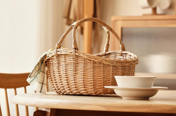 Large Kitchen Storage Baskets, Picnic Storage Basket with Handle, Hand-woven Wicker Storage Basket, Willow Weaving Baskets for Vegetable, Natural Fruit Basket-Silvia Home Craft