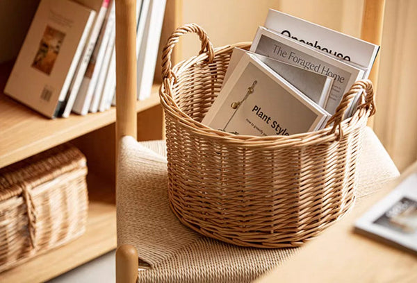 Small Picnic Fruit Basket with Handle, Kitchen Storage Baskets, Natural Hand-woven Wicker Round Storage Basket, Small Willow Weaving Baskets for Vegetable, Natural Fruit Storage Basket-Silvia Home Craft