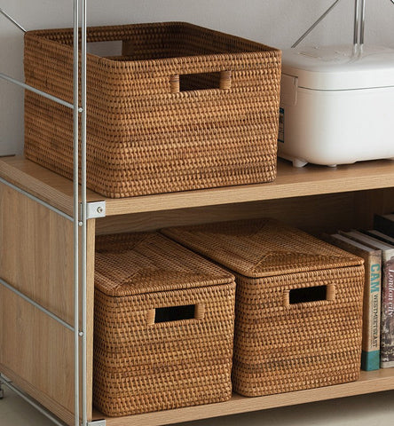 Rattan Storage Basket for Shelves, Rectangular Storage Basket with Lid, Extra Large Storage Baskets for Bedroom, Storage Baskets for Clothes-Silvia Home Craft