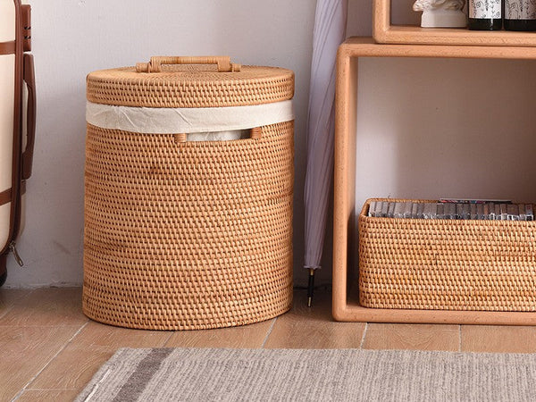 Large Laundry Storage Basket with Lid, Large Rattan Storage Basket for Bathroom, Woven Round Storage Basket for Clothes-Silvia Home Craft
