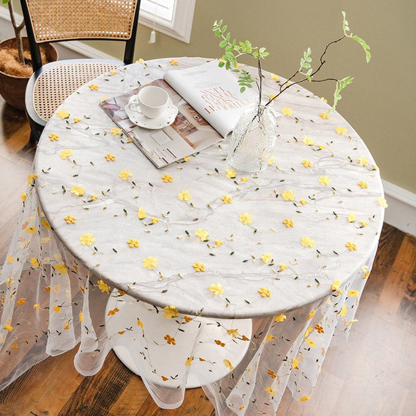 Yellow Flower Lace Tablecloths, Extra Large Rectangular Tablecloth for Oval Table, Lace Embroidered Table Covers, Rectangular Table Covers for Coffee Table-Silvia Home Craft
