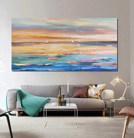 Oversized Canvas Painting for Sale, Simple Painting Ideas for Dining Room, Acrylic Painting on Canvas, Modern Acrylic Canvas Painting, Sail Boat Paintings-Silvia Home Craft