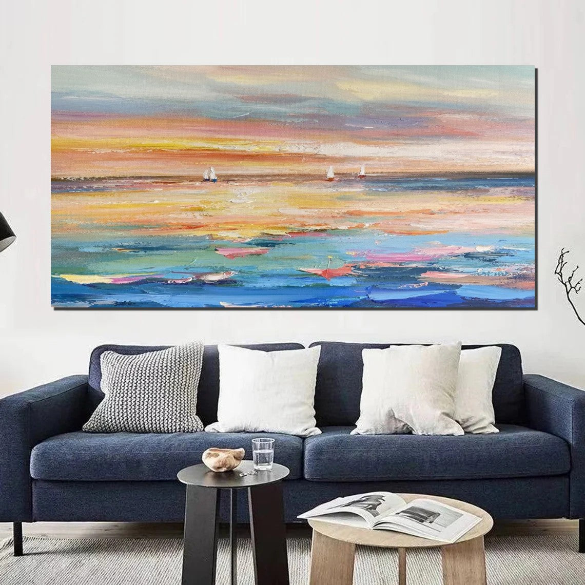 Acrylic Painting on Canvas, Modern Acrylic Canvas Painting, Oversized Canvas Painting for Sale, Simple Painting Ideas for Dining Room, Sail Boat Paintings-Silvia Home Craft