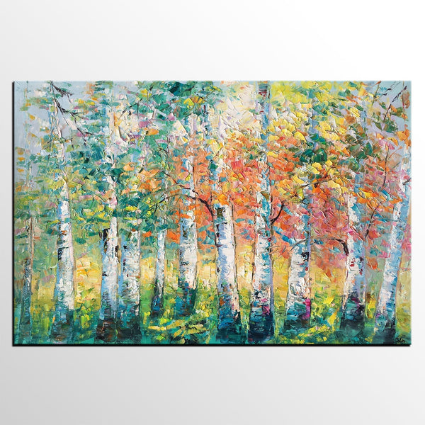 Custom Canvas Painting for Living Room, Heavy Texture Canvas Art, Autumn Tree Landscape Art