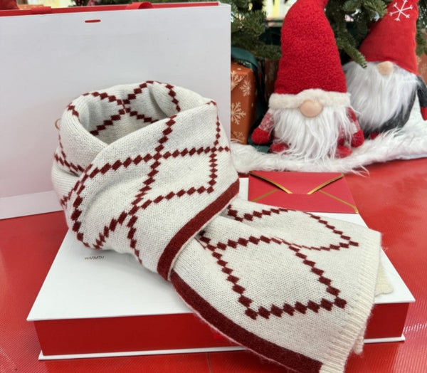 Winter Wool Scarf, Red White Soft Cashmere Scarf for Women, Elegant Wool Scarves, Warm Winter Scarf, Cold Weather Scarf, Red Fashion Scarf, Christmas Gifts for Her, Holiday Scarf-Silvia Home Craft