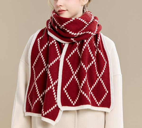 Winter Wool Scarf, Red White Soft Cashmere Scarf for Women, Elegant Wool Scarves, Warm Winter Scarf, Cold Weather Scarf, Red Fashion Scarf, Christmas Gifts for Her, Holiday Scarf-Silvia Home Craft