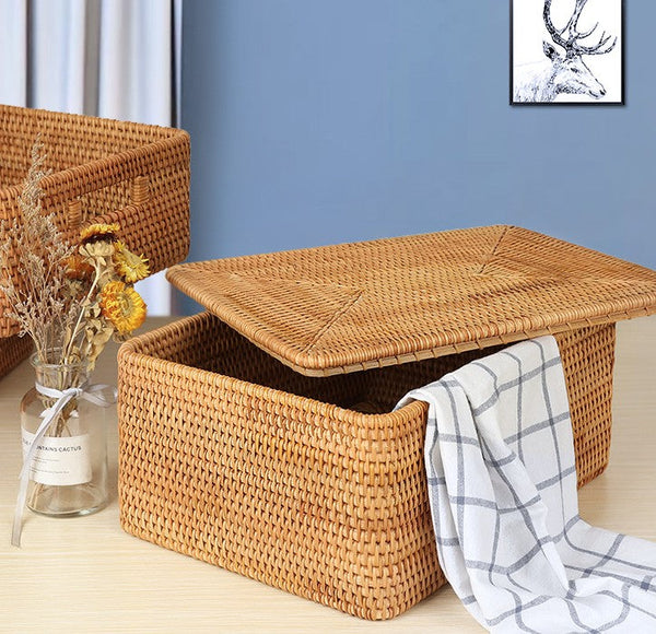 Woven Storage Baskets, Rectangular Storage Basket with Lid, Large Storage Basket for Clothes, Storage Baskets for Shelves, Kitchen Storage Baskets-Silvia Home Craft
