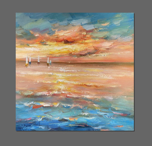 Contemporary Modern Artwork, Abstract Landscape Wall Art for Bedroom, Sail Boat at Sea, Large Modern Canvas Painting, Hand Painted Wall Art Painting-Silvia Home Craft