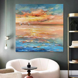 Contemporary Modern Artwork, Abstract Landscape Wall Art for Bedroom, Sail Boat at Sea, Large Modern Canvas Painting, Hand Painted Wall Art Painting-Silvia Home Craft