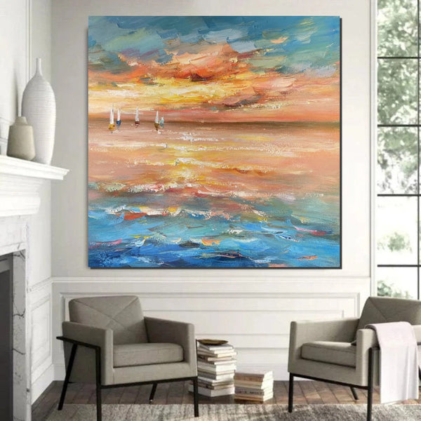 Contemporary Modern Artwork, Abstract Landscape Wall Art for Bedroom, Sail Boat at Sea, Large Modern Canvas Painting, Hand Painted Wall Art Painting-Silvia Home Craft