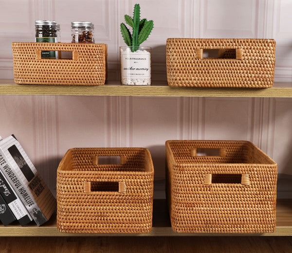 Rattan Storage Baskets, Storage Basket for Shelves, Rectangular Storage Basket for Toys, Storage Baskets for Kitchen, Storage Baskets for Bedroom-Silvia Home Craft