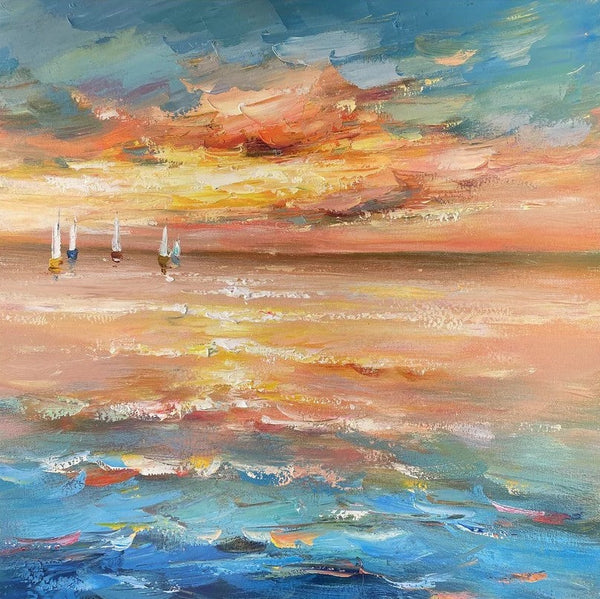 Contemporary Modern Artwork, Abstract Landscape Wall Art for Bedroom, Sail Boat at Sea, Large Modern Canvas Painting, Hand Painted Wall Art Painting-Silvia Home Craft