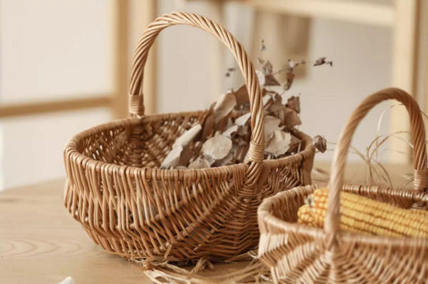 Natural Fruit Basket, Kitchen Storage Baskets, Natural Hand-woven Wicker Storage Basket, Large Picnic Food Basket with Handle, Lovely Willow Weaving Baskets for Vegetable-Silvia Home Craft