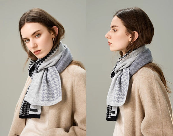 Casual Scarf for Women, Cold Weather Scarf, Fashion Designer Scarf, Modern Wool Scarf for Women, Black Grey Winter Scarf, Soft Cashmere Scarf for Women-Silvia Home Craft