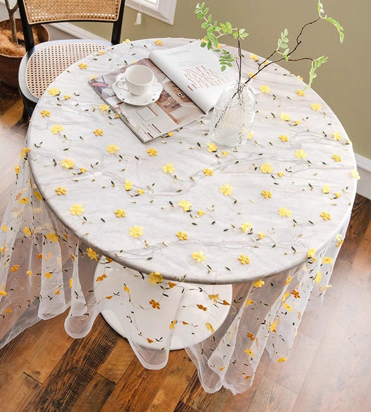 Yellow Flower Lace Tablecloths, Extra Large Rectangular Tablecloth for Oval Table, Lace Embroidered Table Covers, Rectangular Table Covers for Coffee Table-Silvia Home Craft